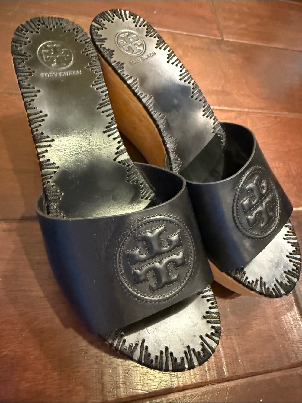 Tory Burch Black Leather Wedge Slides with Logo Medallion